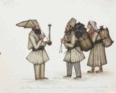 Hill Men and Woman (Guddies) Kangra Hills Hinduo sakinleri, c.1840 (kağıt üzerinde opak wc) by Indian School
