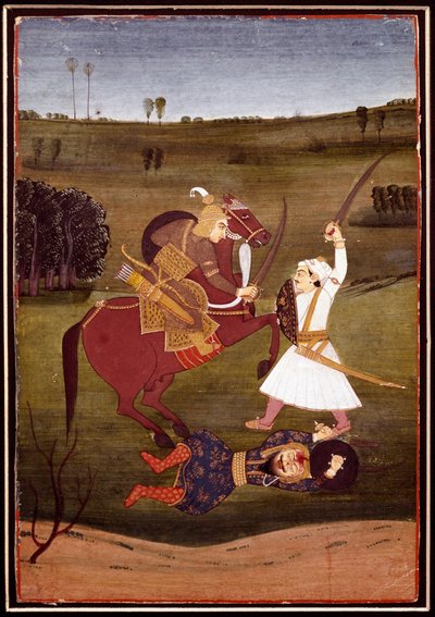 Hint sanatı: “” atlı bir prens ile bir savaşçı arasındaki savaş””” Yerde yatan bir iblis. Bikaner okulunun minyatürü. 1765 Özel koleksiyon by Indian School
