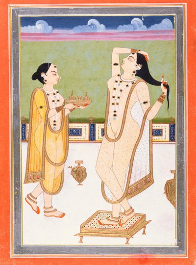 Hintli bayan tuvaletinde (kağıt üzerinde guaj ve altın varak) by Indian School