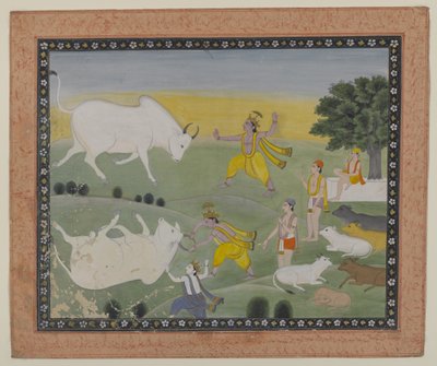Krishna Boğa Şeytanını Yeniyor (kağıt üzerine sulu boya) by Indian School