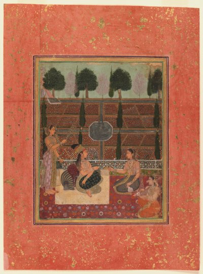 Terasta bayanlar, Babür Tarzı, c.1700-10 (altın benekli kağıt üzerine wc) by Indian School