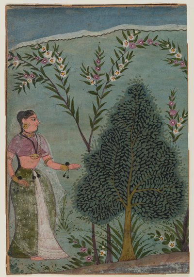 Vahşi doğada kadın, Bhagavata Purana serisinden bir sayfanın parçası, c.1590-1600 (kağıt üzerinde wc ve altın) by Indian School