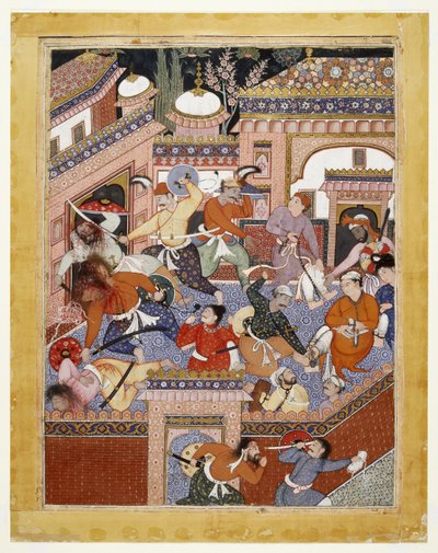 Songhur Balkhi ve Casus Lulu tarafından yönetilen Ayyarlar, Hapishane Muhafızlarının Boğazını Kesti ve Free Said Farrukh-Nizhad, 1557 - 1572 (pamuklu kumaş üzerine opak suluboya ve altın rengi) by Indian School