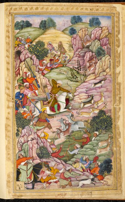 Ali Shang ve Alangar arasında, Kabil (Afganistan) bölgesinde İmparator Babur avı. Farsça el yazması Vaqi at i Baburi