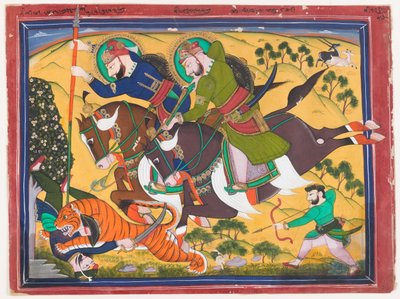 Maharaja Ram Singh bir kaplanı avlarken, 19. yüzyılın ikinci çeyreği (kağıt üzerine suluboya) by Indian School