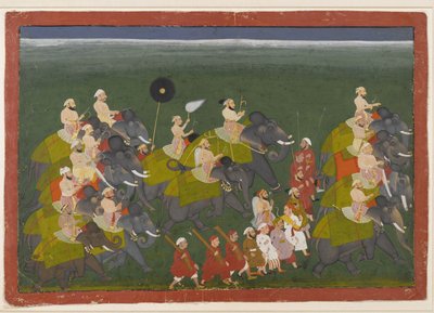 Mewarlı Maharana Sangram Singh fil alayına biniyor, Udaipur, Rajasthan, c.1730-40 (kağıt üzerinde opak wc ve altın) by Indian School