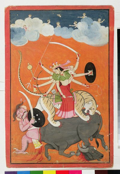 'Markandeya purana'nın Devimahatmya'sından' 'Mahishasuramardini', arka yüzünde Nagari karakterlerle yazılmış, Güler, Pahari Okulu by Indian School