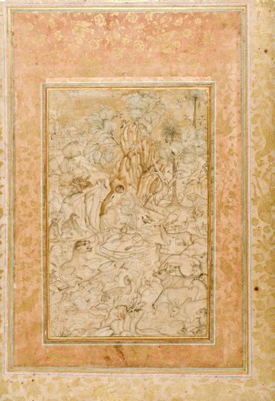 Mecnun vahşi doğada, c.1595 (kağıt üzerinde opak wc ve altın) by Indian School