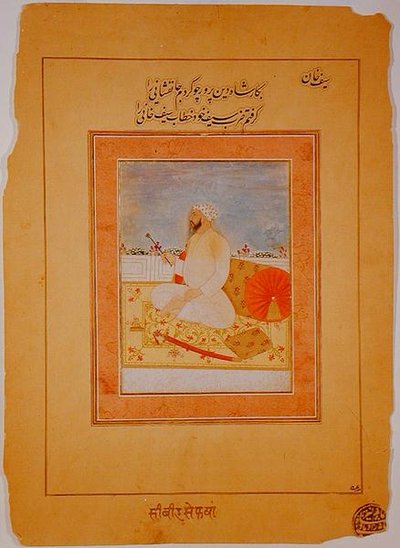 Minyatür Saif Khan, Agra Valisi, Hindistan, c.1670-80 (devetüyü kağıt üzerinde opak mineral pigmentler) by Indian School