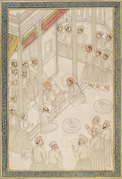 Babür İmparatoru Ekber Holding Mahkemesi, Son Hastalığı Sırasında, 18. yüzyılın ortalarında (albüm yaprağı; cilalı kağıt üzerinde altın ile pigment) by Indian School