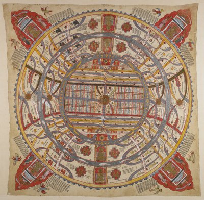 Veya 13937 f.1 Sanskritçe ve Gujarati metinli Evrenin Şeması (kumaş üzerine sulu boya) by Indian School
