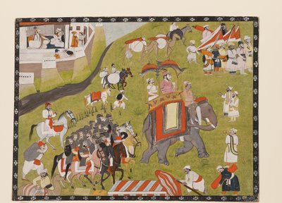 Silahlı eskort ve hizmetlilerle fil üzerinde bir Raja alayı, 19. yüzyılın 2. yarısı (kağıt üzerine guaj) by Indian School