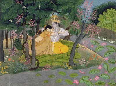 Radha ve Krishna çiçekli ağaçlardan oluşan bir koruda kucaklaşıyorlar, c.1780 (kağıt üzerinde wc) by Indian School