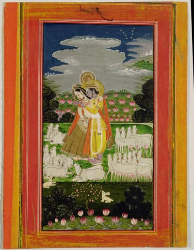 Radha ve Krishna ineklerle idealize edilmiş bir manzarada kucaklaşıyor, c.1780 (kağıt üzerinde opak tuvalet) by Indian School