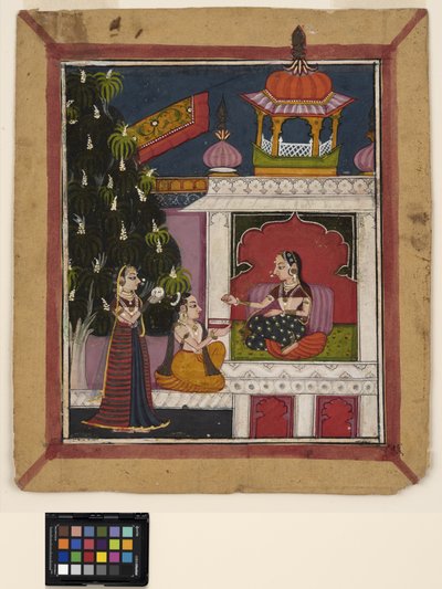 ? Raga: Diz çökmüş bir adam bir köşkte bir bayana bir kitap sunuyor, c.1800 (kağıt üzerinde opak suluboya) by Indian School