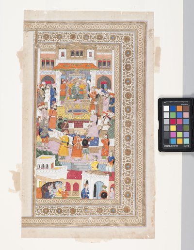 Raja With Courtiers (parşömen üzerine kalem, mürekkep, guaş ve altın varak) by Indian School
