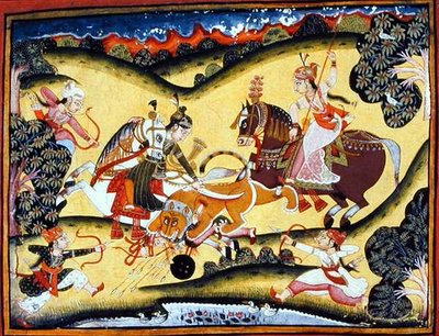 Rajput Prensesleri Aslanı Öldürüyor, Bundi Okulu, c.1810-20 (kağıt üzerinde guaj) by Indian School