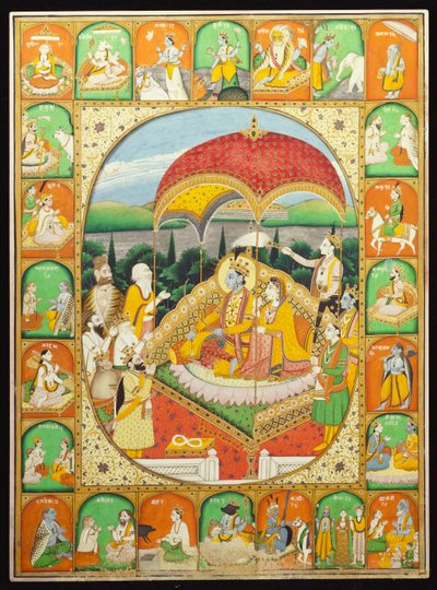 Shiva, Hanuman ve diğerleri tarafından tapılan Rama ve Sita Enthroned, 1800-20 by Indian School