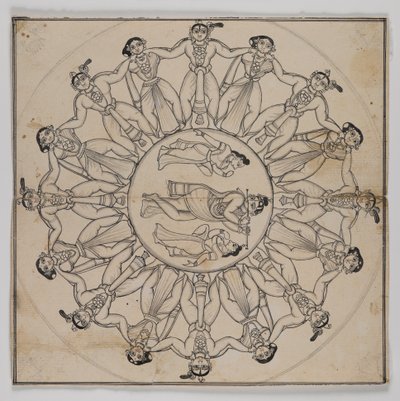 Rasa-lila (Çizim) (kağıt üzerinde mürekkep ve hafif mürekkep yıkama) by Indian School