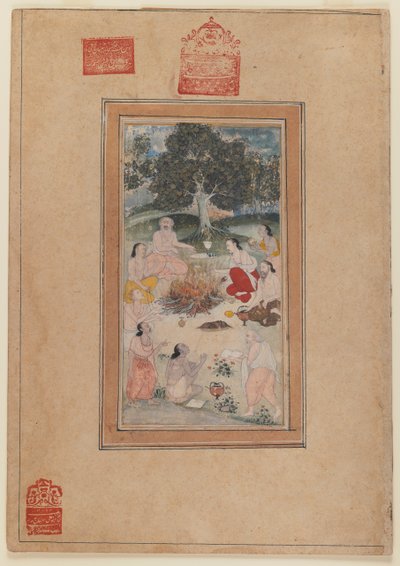 Sadhular bir ateşin etrafında toplanmış, yaklaşık 1600 (kağıt üzerinde wc) by Indian School
