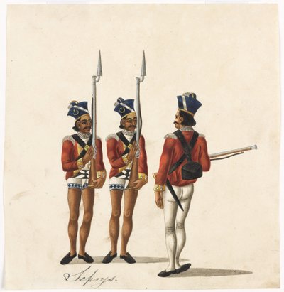 Sepoys ve Hintli bir subay, Bengal Ordusu, c.1815 (kağıt üzerine suluboya) by Indian School