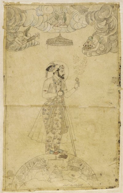 Bir küre üzerinde duran Şah Cihan (kağıt üzerinde altın ve renkli) by Indian School