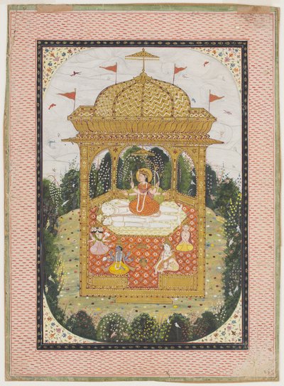Bir Tapınakta Shiva ve Diğer Tanrılarla Shakti, c.1780 (kağıt üzerinde guaj ve yaldızlı) by Indian School