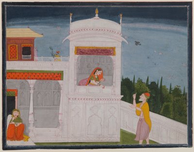 Saraydaki Brahman Sudama ve Rukmini, Bhagavata Purana serisinin Sudama bölümünden bir sayfa, c.1800 veya sonrası (kağıt üzerinde wc) by Indian School