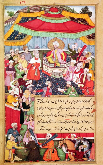 Kral, saray mensuplarıyla çevrili tahtında, Baburnama