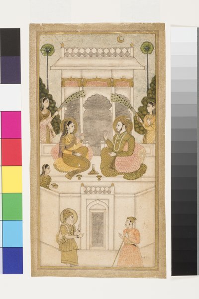 Golkonda Sultanı Quli Qutb Shah, Eşiyle Oturuyor, 1700-25 (kağıt üzerinde opak wc ve altın) by Indian School