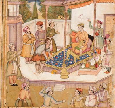 Misafiri ondan günlük 500 dinar isteyen raja, c.1585 (kağıt üzerinde opak wc ve altın) by Indian School