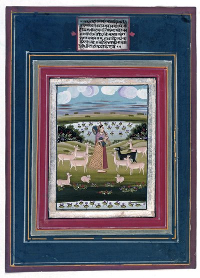 Todi ragini - Hayvanlarla dolu bir manzarada vina oynayan bir kadın, 1810-20 by Indian School