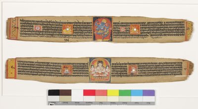 Üst: Dans Eden Tıraş Makinesi; Altta: Bodhisattva Sadakshi Awolokiteshwara ve Görevliler, CII- (Palm Yaprağı