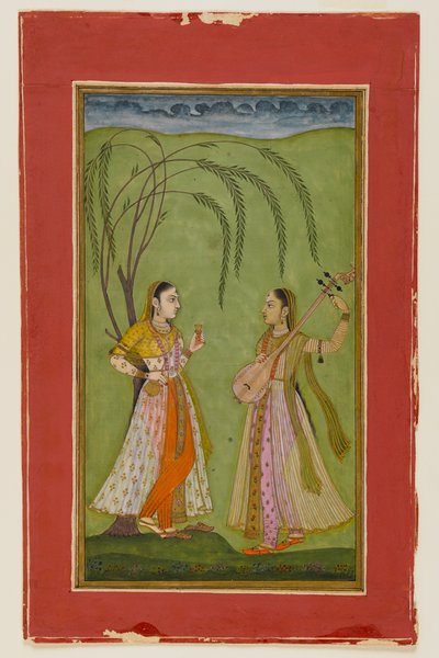 Bir manzarada iki bayan, c.1725 (kağıt üzerinde opak klozet) by Indian School