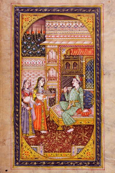 İki hizmetçi kız, zengin bir şekilde dekore edilmiş bir odada soylu bir adama içecek servisi yapıyor, Rajasthani minyatür tablosu by Indian School