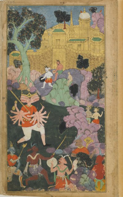 Cilt 2 sayfa 238 Ravana ve kuvvetleri şehrin önünde mevzileniyor (opak suluboya, mürekkep ve kağıt üzerine altın) by Indian School