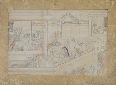 Naishadhicharita serisinden Düğün Hazırlıkları, Güler, Punjab Hills, 1775-1800 (kağıt üzerine opak sulu boya) by Indian School