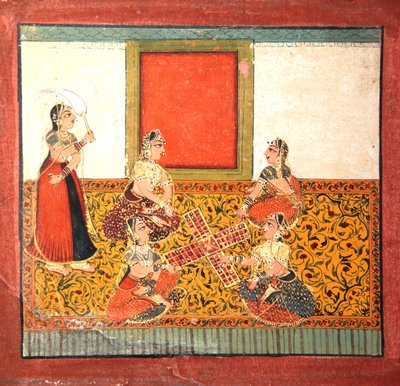 Parcheesi oynayan kadınlar, sarı desenli zemin üzerine oturmuş, c.1725 (kağıt üzerinde opak wc ve altın rengi) by Indian School