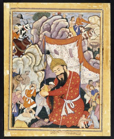 Zumurrud Şah Dağlara Sığınıyor, M.Ö. 1570 (pamuklu kumaş üzerine opak sulu boya ve altın) by Indian School