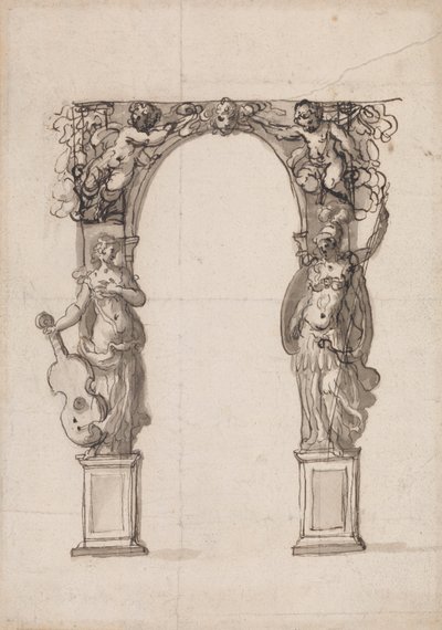 Putti ve Alegorik Müzik ve Savaş Figürleri ile Süslenmiş Geçici Bir Kemer Tasarımı by Inigo Jones