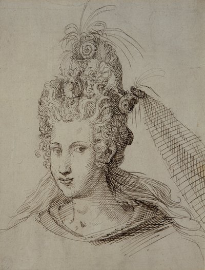 Headdress, muhtemelen Danimarkalı Anne için (kağıt üzerine kalem ve mürekkep) by Inigo Jones