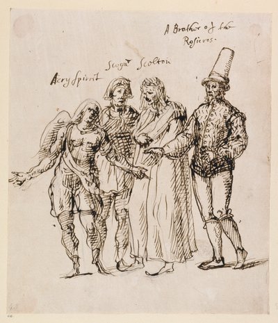 Johphiel, Merefool, Skelton ve Scogan, c.1625 (kağıt üzerine kalem ve mürekkep) by Inigo Jones
