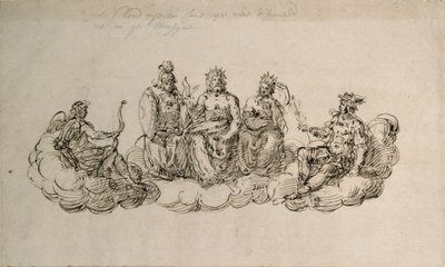 Tanrıların Senatosu ile Jove, c.1622 (kağıt üzerinde kalem ve mürekkep) by Inigo Jones