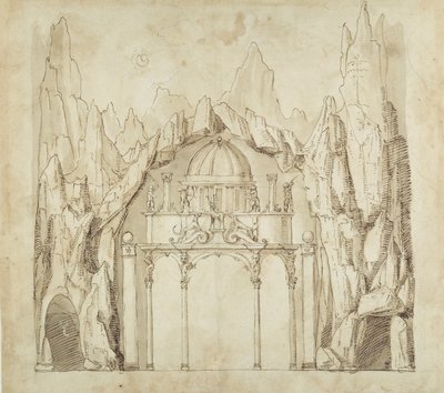 Mağaradaki saray, c.1611 (kağıt üzerine kalem ve mürekkep) by Inigo Jones