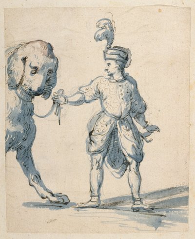 Polonyalı cüce bir köpeğe liderlik ediyor (kalem ve mürekkep ve kağıt üzerinde yıkama) by Inigo Jones