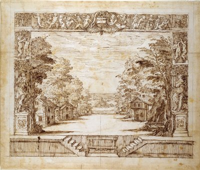 Proscenium ve ayakta sahne, c.1635 (kağıt üzerinde kalem ve mürekkep) by Inigo Jones