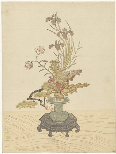 Yeşil vazoda ikebana çiçek aranjmanı by Ippitsusai Bunchô (manner of)