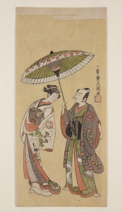 Aktörler Ichikawa Yaoz? II olarak Soga no J?r? ve Segawa Kikunoj? II olarak ?iso no Tora (renkli tahta baskı) by Ippitsusai Bunchō