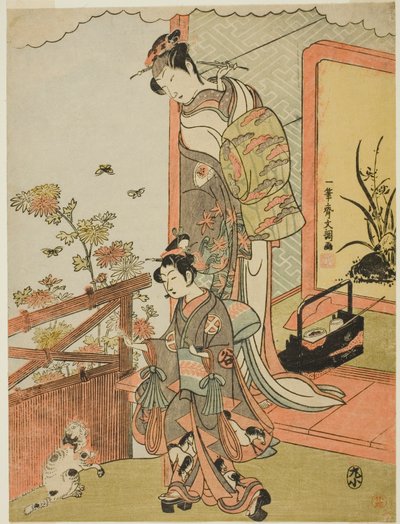 Aktör Onoe Matsusuke I Oiso no Tora (?) (sağda) ve Otani Taniji (solda) olarak by Ippitsusai Bunchō