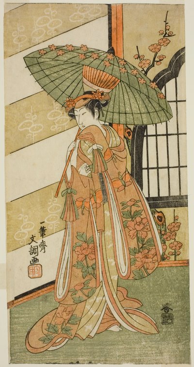 Tee c and r Onoe ve diğerleri Mizo Doctor Nishikigi üyesi olarak Tee Py Mutsu no Hana Ume no Kaomise, Performe d Atte Ichimura Tee r üyesi Tee Venth Gate th, 1769 by Ippitsusai Bunchō